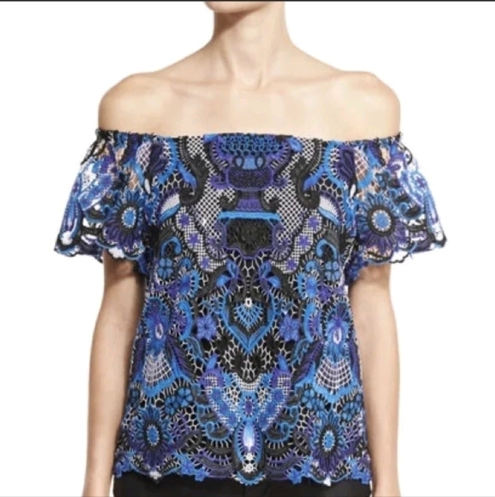Alice + Olivia Guipure Blue and Black Lace Off-Shoulder Top XS - S